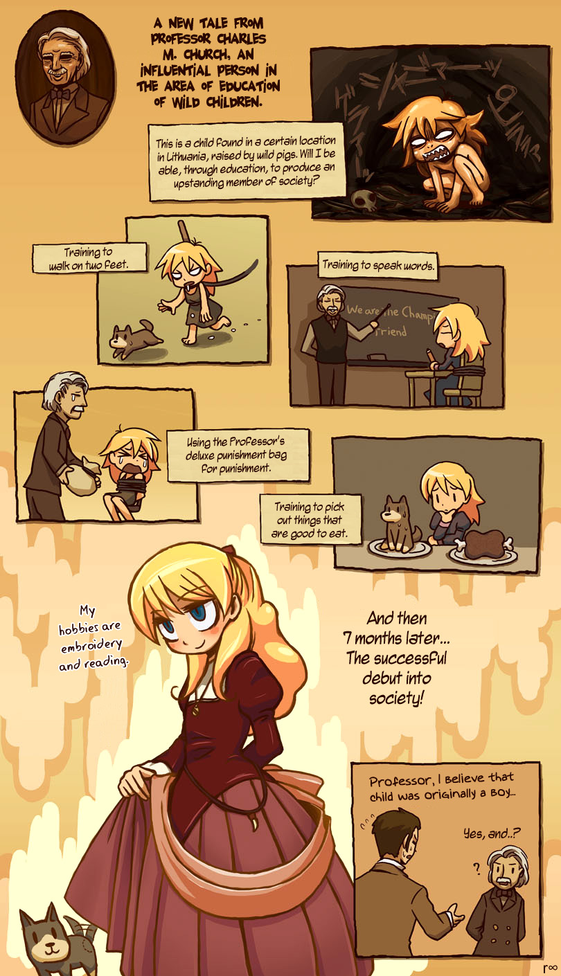 (c) riyo , source: http://www.pixiv.net/member_illust.php?mode=medium&illust_id=1019244, translation: http://danbooru.donmai.us/post/show/280703/blonde_hair-blue_eyes-cartoon_meat-dog-dress-meat-